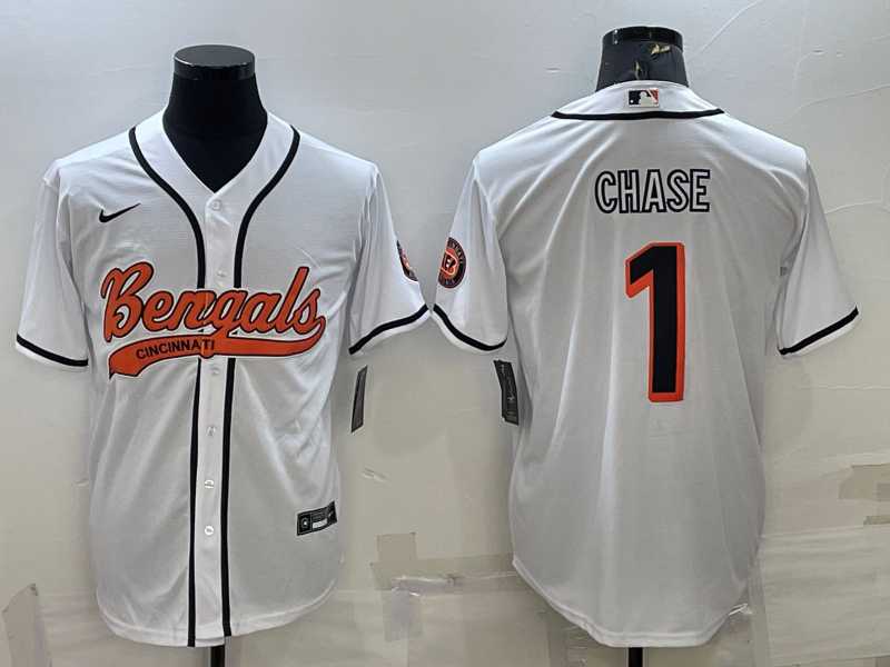 Mens Cincinnati Bengals #1 JaMarr Chase White With Patch Cool Base Stitched Baseball Jersey